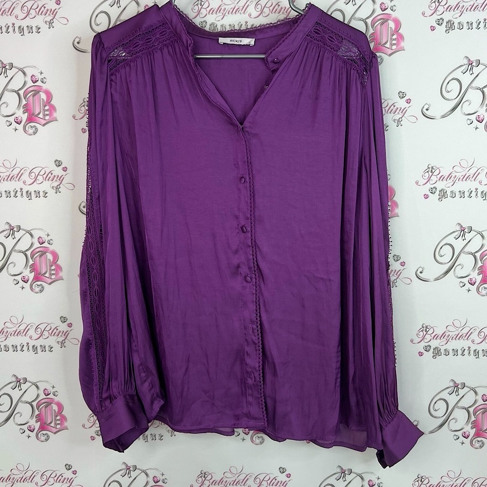 Ricki's long sleeve button up shiny Rich Purple Blouse with Lace Accents